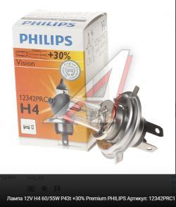 Лампа 12V H4 60/55W +30% P43t Premium PHILIPS   12342PRC1