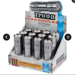 Светодиодный фонарь Трофи TM9-box12 ручной на батарейках промо-бокс 12шт алюминиевый ТРОФИ Б0004986