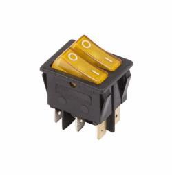 Выключатель клавишный 250V 15А (6с) ON-OFF желтый с подсветкой ДВОЙНОЙ REXANT 36-2413