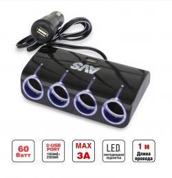 Разветвитель прикуривателя 12/24V (на 4 выхода+2USB) AVS CS410U (25413)